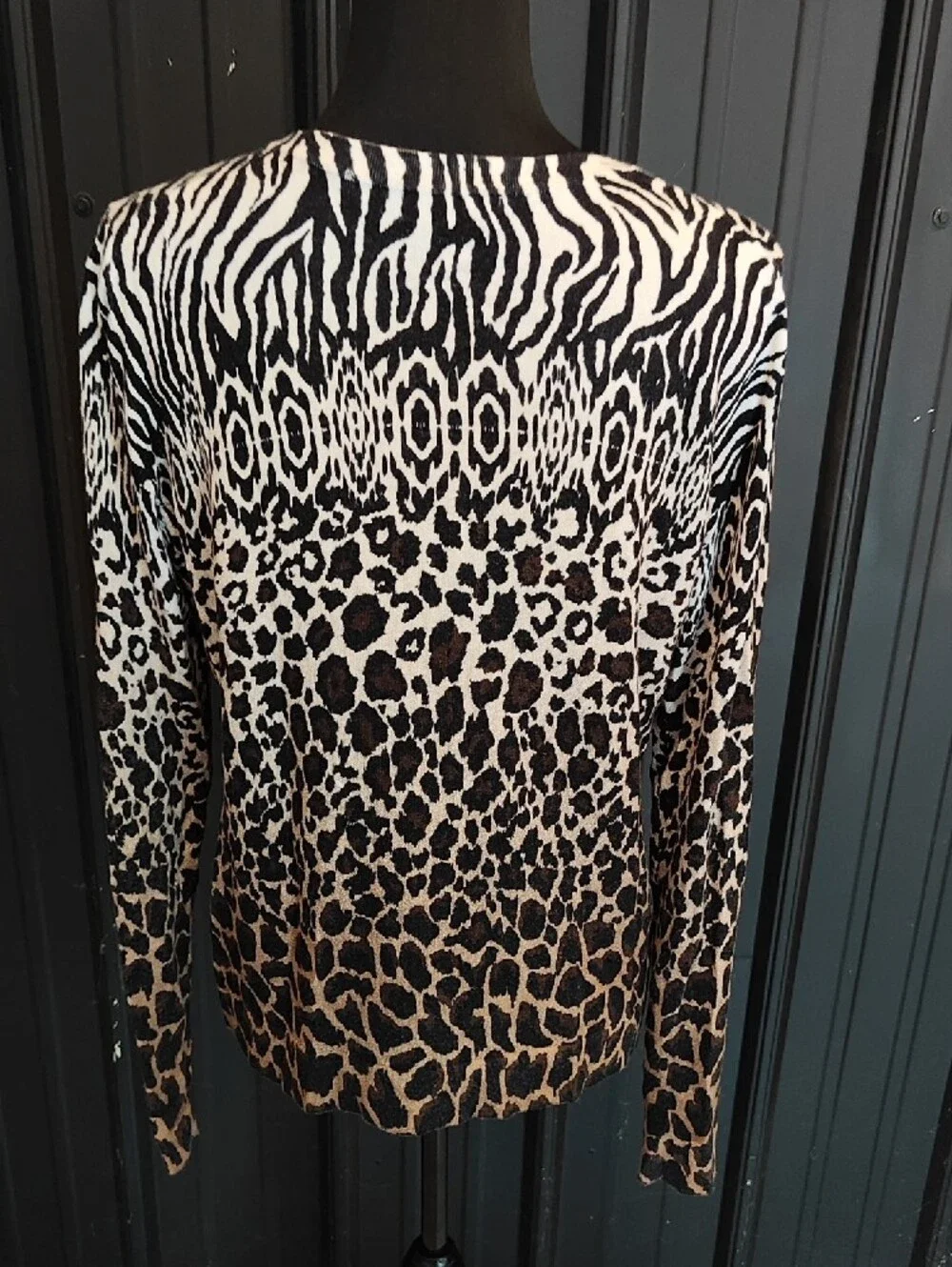 Charter Club Black and Brown Animal-Print Button Up Cardigan Sweater